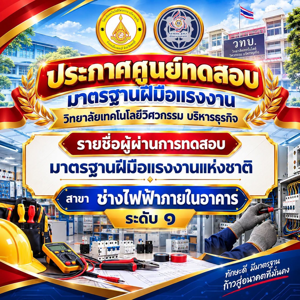 ประกาศศูนย์ทดสอบมาตรฐานฝีมือแรงงาน รายชื่อผู้ผ่านการทดสอบมาตรฐานฝีมือแรงงานแห่งชาติ สาขา ช่างไฟฟ้าภายในอาคาร ระดับ 1